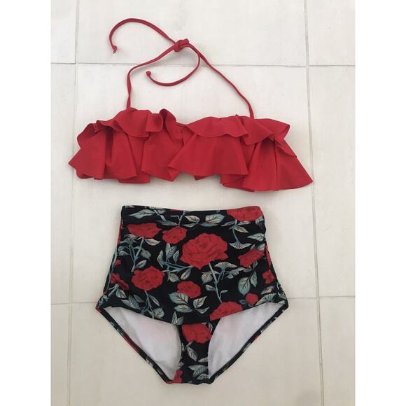 Cocoship Swim Ruffled High Waist Floral Bikini Set Swimsuit - Picture 1 of 10
